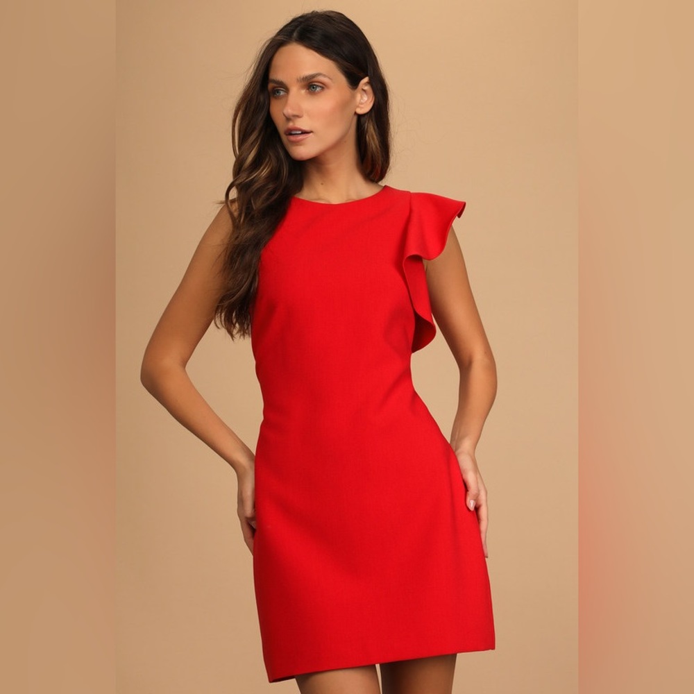 LOFT | XS | Red Ruffle Layer Sleeve Dress Tie Waist